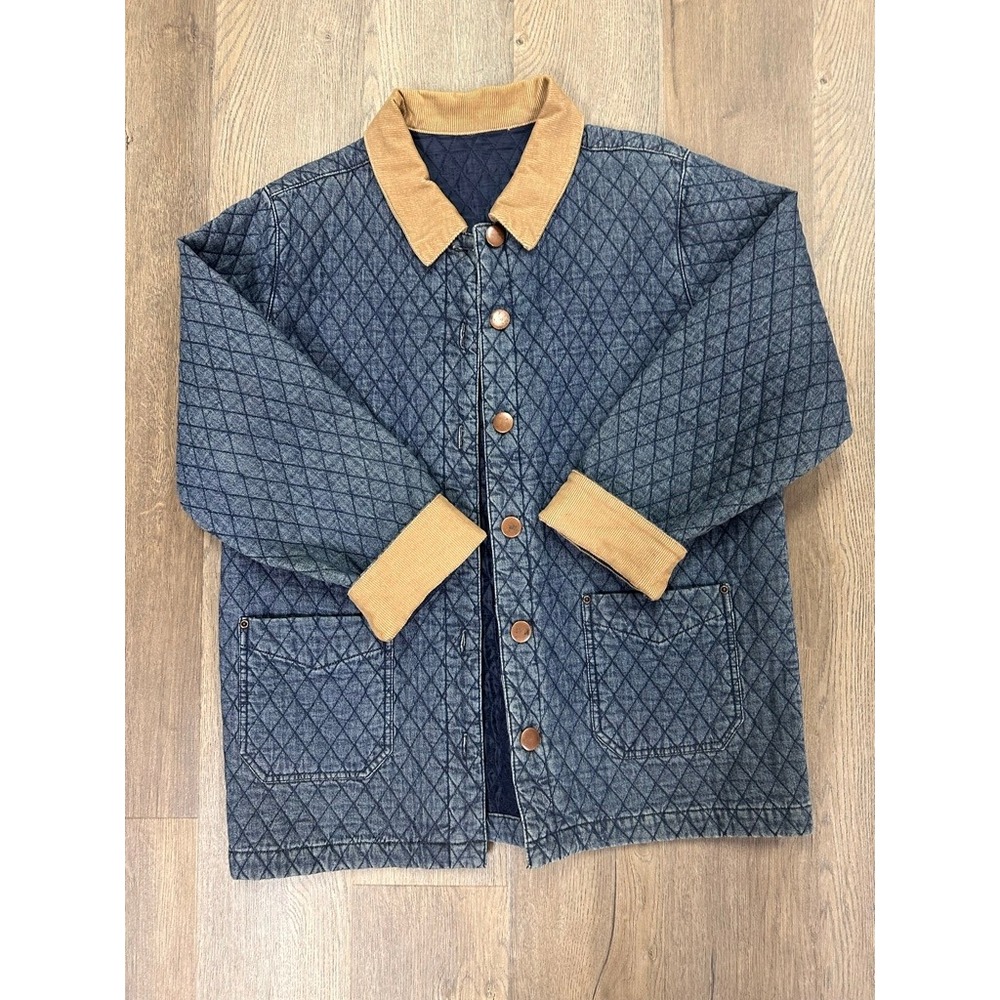 Quilted Denim Barn Jacket Denim Corduroy Trim Stitch Chore Coat No Size Tag
